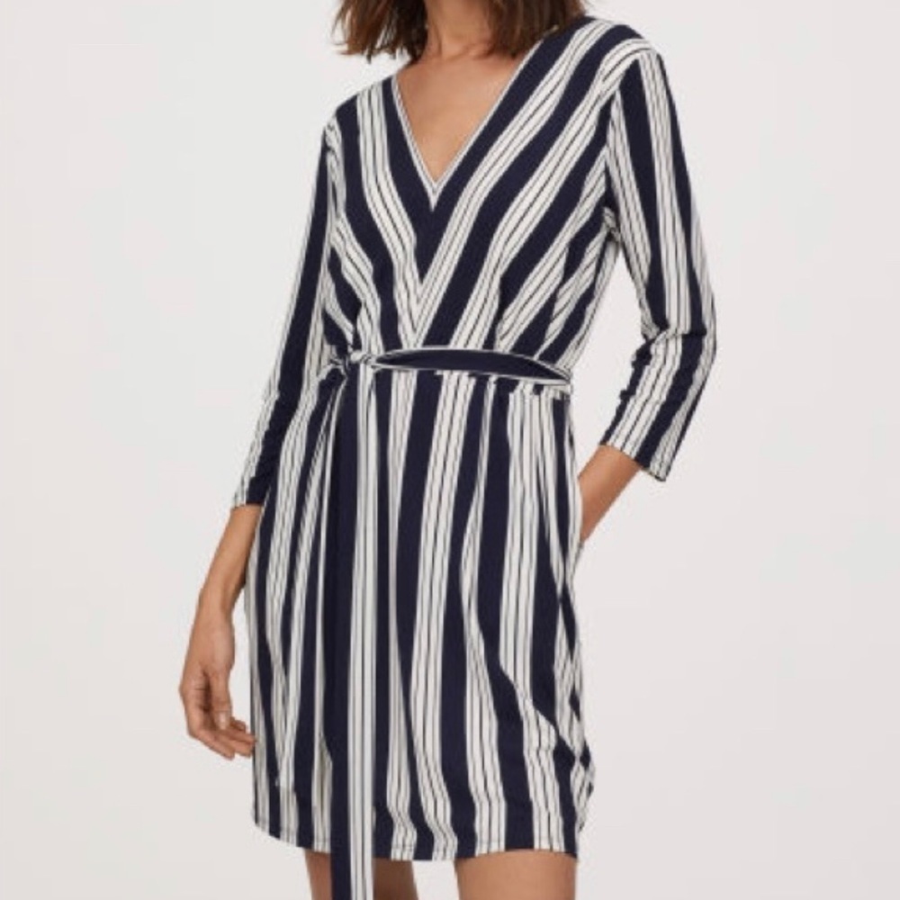 H&M Navy and Off White Stripes V-neck Tie Waist Dress